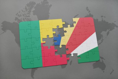 benin ve Seyşeller ulusal bayrak bir dünya haritası üzerinde ile bulmaca