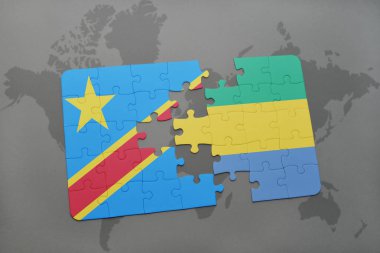 bir dünya haritası üzerinde gabon ve Kongo Demokratik Cumhuriyeti ulusal bayrak ile bulmaca