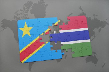 bir dünya haritası üzerinde Gambiya ve Kongo Demokratik Cumhuriyeti ulusal bayrak ile bulmaca