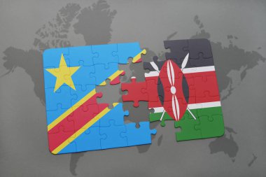 bir dünya haritası üzerinde kenya ve Kongo Demokratik Cumhuriyeti ulusal bayrak ile bulmaca