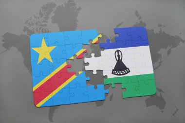 bir dünya haritası üzerinde lesotho ve Kongo Demokratik Cumhuriyeti ulusal bayrak ile bulmaca