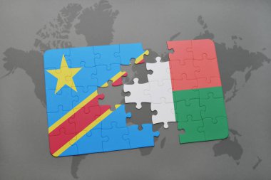 bir dünya haritası üzerinde Madagaskar ve Kongo Demokratik Cumhuriyeti ulusal bayrak ile bulmaca
