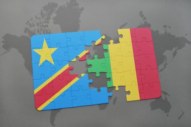 bir dünya haritası üzerinde mali ve Kongo Demokratik Cumhuriyeti ulusal bayrak ile bulmaca