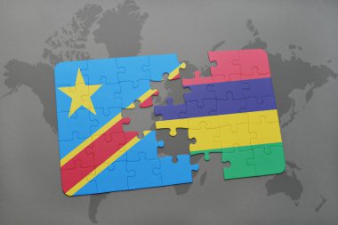 bir dünya haritası üzerinde mauritius ve Kongo Demokratik Cumhuriyeti ulusal bayrak ile bulmaca