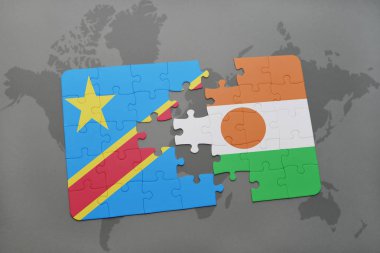 bir dünya haritası üzerinde Nijer ve Kongo Demokratik Cumhuriyeti ulusal bayrak ile bulmaca