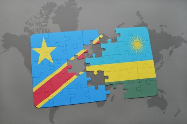 bir dünya haritası üzerinde Kongo Cumhuriyeti ve Ruwanda'yı Demokratik Cumhuriyeti ulusal bayrak ile bulmaca