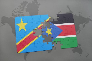 Kongo ve bir dünya haritası üzerinde Güney sudan Demokratik Cumhuriyeti bayrağı ile bulmaca