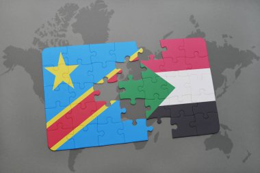 bir dünya haritası üzerinde sudan ve Kongo Demokratik Cumhuriyeti ulusal bayrak ile bulmaca