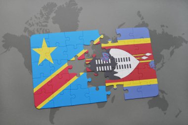 bir dünya haritası üzerinde Svaziland ve Kongo Demokratik Cumhuriyeti ulusal bayrak ile bulmaca