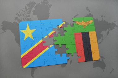 bir dünya haritası üzerinde Zambiya ve Kongo Demokratik Cumhuriyeti ulusal bayrak ile bulmaca