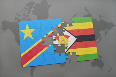 bir dünya haritası üzerinde Zimbabve ve Kongo Demokratik Cumhuriyeti ulusal bayrak ile bulmaca