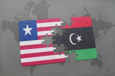Liberya ve libya ulusal bayrak bir dünya haritası üzerinde ile bulmaca
