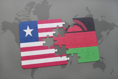 Liberya ve Malavi bir dünya haritası üzerinde bayrağı ile bulmaca