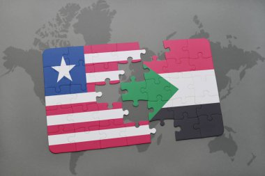 Liberya ve sudan bir dünya haritası üzerinde bayrağı ile bulmaca