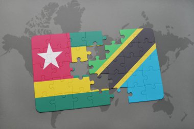 togo ve Tanzanya bir dünya haritası üzerinde bayrağı ile bulmaca