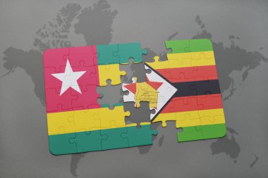 togo ve Zimbabve Ulusal bayrak bir dünya haritası üzerinde ile bulmaca