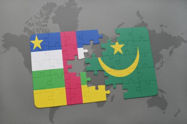 Orta Afrika Cumhuriyeti ve Moritanya ulusal bayrak bir dünya haritası üzerinde ile bulmaca