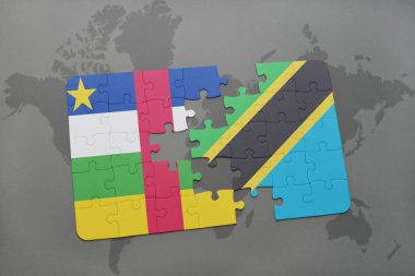 Orta Afrika Cumhuriyeti ve Tanzanya bir dünya haritası üzerinde bayrağı ile bulmaca