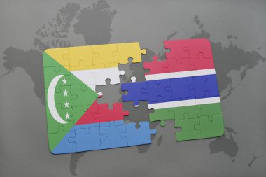 Komor Adaları ve Gambiya ulusal bayrak bir dünya haritası üzerinde ile bulmaca