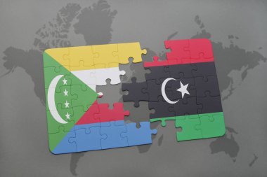 Komor Adaları ve libya ulusal bayrak bir dünya haritası üzerinde ile bulmaca