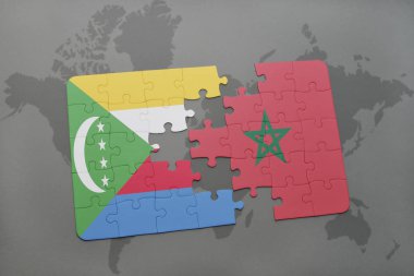 Komor Adaları ve Fas bir dünya haritası üzerinde ulusal bayrak ile bulmaca
