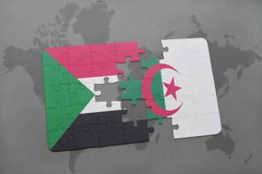 sudan ve Cezayir ulusal bayrak bir dünya haritası üzerinde ile bulmaca