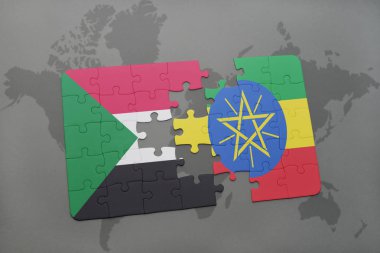 sudan ve Etiyopya bir dünya haritası üzerinde bayrağı ile bulmaca