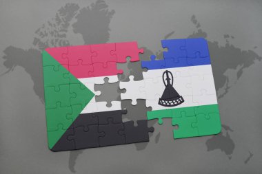 bir dünya haritası üzerinde sudan ve Lesoto bayrağı ulusal ile bulmaca
