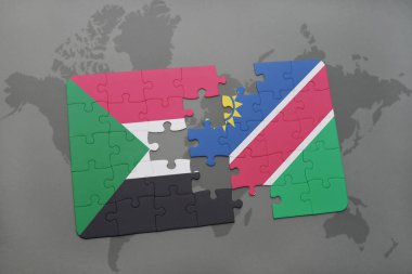 sudan ve Namibya ulusal bayrak bir dünya haritası üzerinde ile bulmaca