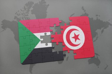 sudan ve Tunus bir dünya haritası üzerinde bayrağı ile bulmaca