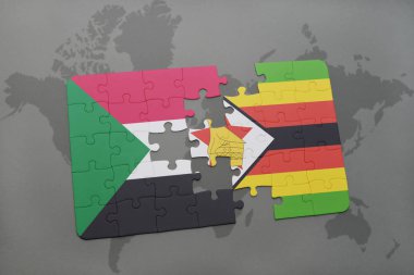 sudan ve zimbabwe ulusal bayrak bir dünya haritası üzerinde ile bulmaca