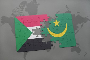 sudan ve Moritanya ulusal bayrak bir dünya haritası üzerinde ile bulmaca