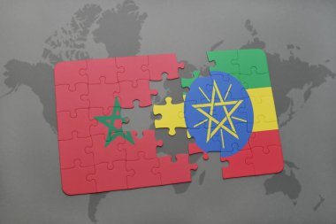 Fas ve Etiyopya bir dünya haritası üzerinde bayrağı ile bulmaca