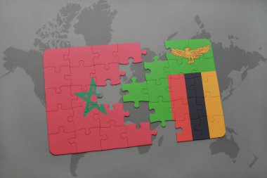 Fas ve Zambiya bir dünya haritası üzerinde bayrağı ile bulmaca