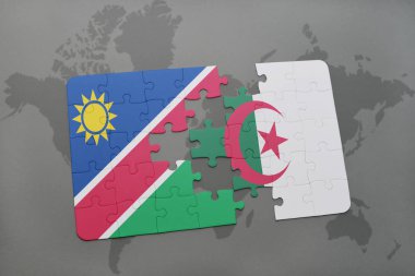 Namibya ve Cezayir ulusal bayrak bir dünya haritası üzerinde ile bulmaca