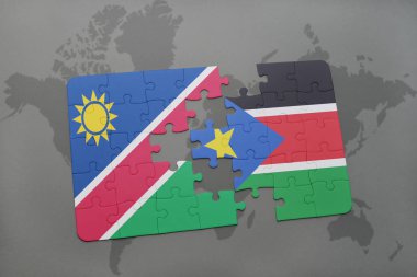 Namibya ve Güney sudan bir dünya haritası üzerinde bayrağı ile bulmaca