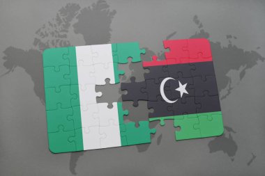 Nijerya ve libya ulusal bayrak bir dünya haritası üzerinde ile bulmaca