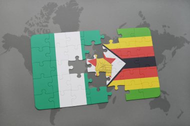 Nijerya ve Zimbabve Ulusal bayrak bir dünya haritası üzerinde ile bulmaca