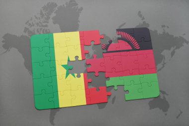 senegal ve Malavi bir dünya haritası üzerinde bayrağı ile bulmaca