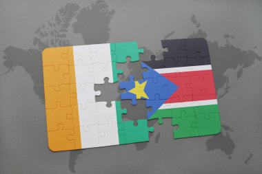 Fildişi Sahili ve bir dünya haritası üzerinde Güney sudan bayrağı ile bulmaca