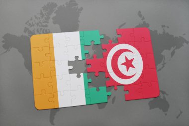 Fildişi Sahili ve Tunus bir dünya haritası üzerinde bayrağı ile bulmaca