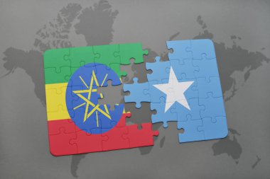 Etiyopya ve Somali ulusal bayrak bir dünya haritası üzerinde ile bulmaca
