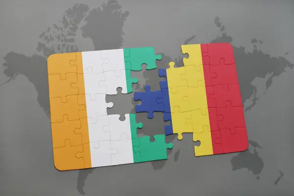 Puzzle with the national flag of cote divoire and chad on a world map — Stock Photo, Image