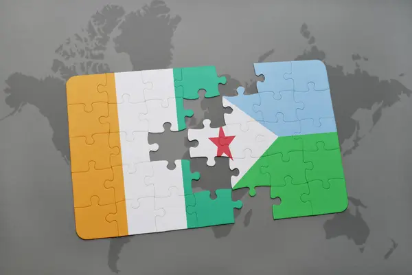 Παζλ με την εθνική σημαία της cote divoire και Τζιμπουτί σε έναν παγκόσμιο χάρτη — Φωτογραφία Αρχείου