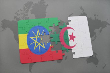 Etiyopya ve Cezayir ulusal bayrak bir dünya haritası üzerinde ile bulmaca