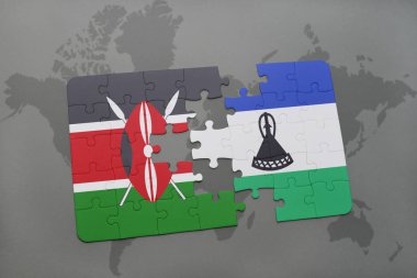 bir dünya haritası üzerinde kenya ve Lesoto bayrağı ulusal ile bulmaca