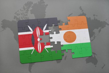 kenya ve Nijer bir dünya haritası üzerinde bayrağı ile bulmaca