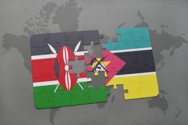 kenya ve Mozambik bir dünya haritası üzerinde bayrağı ile bulmaca