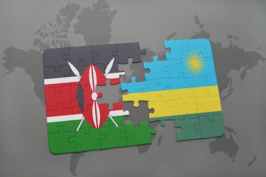 kenya ve Ruanda bir dünya haritası üzerinde bayrağı ile bulmaca