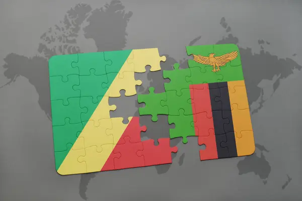 Puzzle a világ megjelenítése zambia és a Kongói Köztársaság zászlaja — Stock Fotó